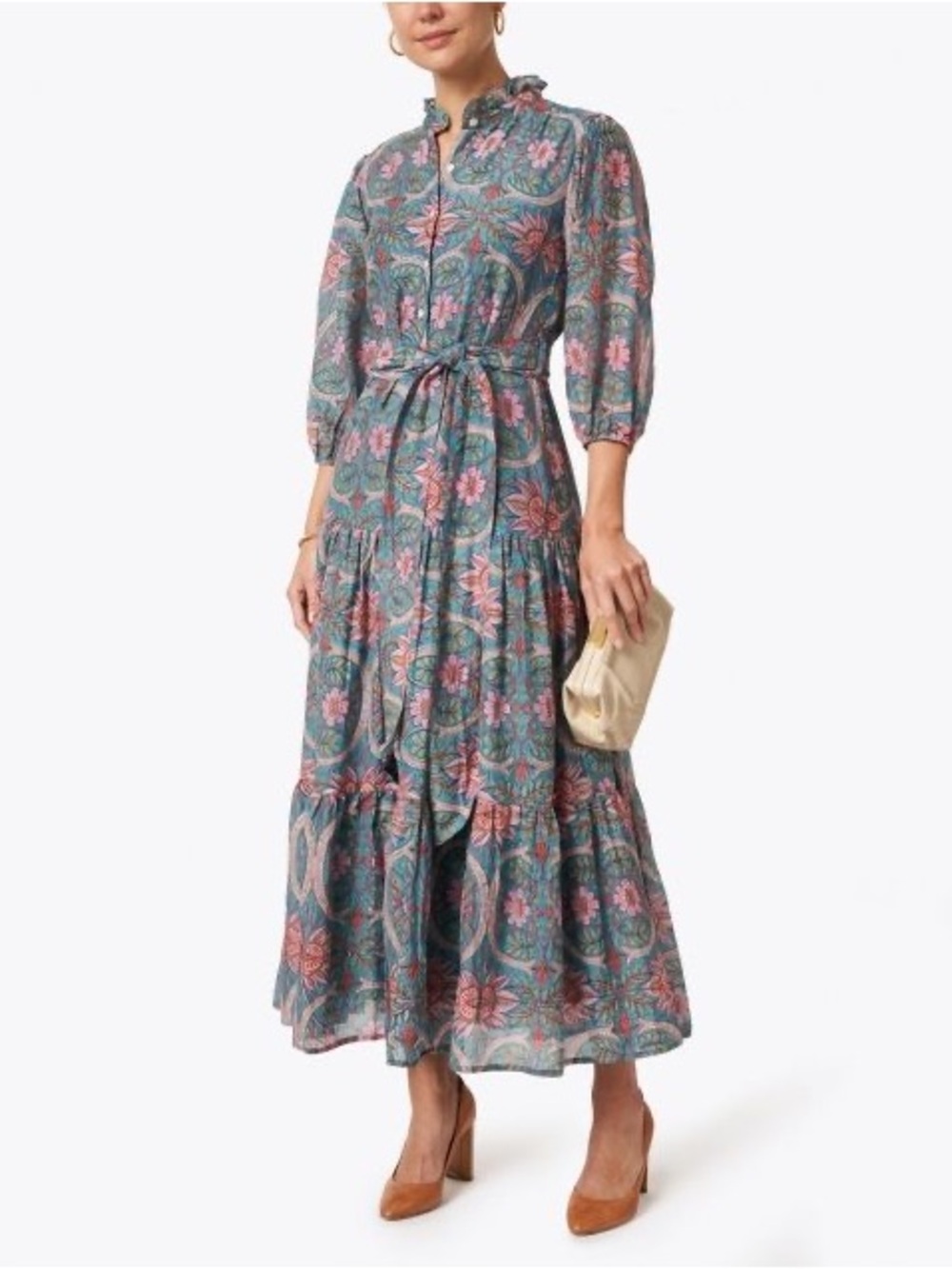 Oliphant Maxi Dress in Teal & Pink Monaco Print Cotton Women’s Size L